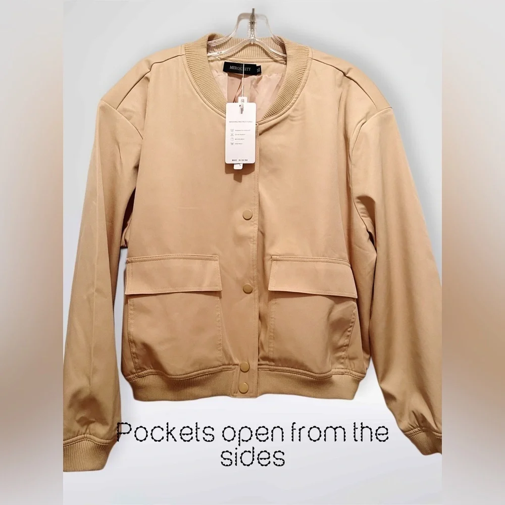 NWT Merokeety Women’s Cropped‎ Snap Front Crew Neck Bomber Jacket Khaki Size XL - Picture 7 of 8